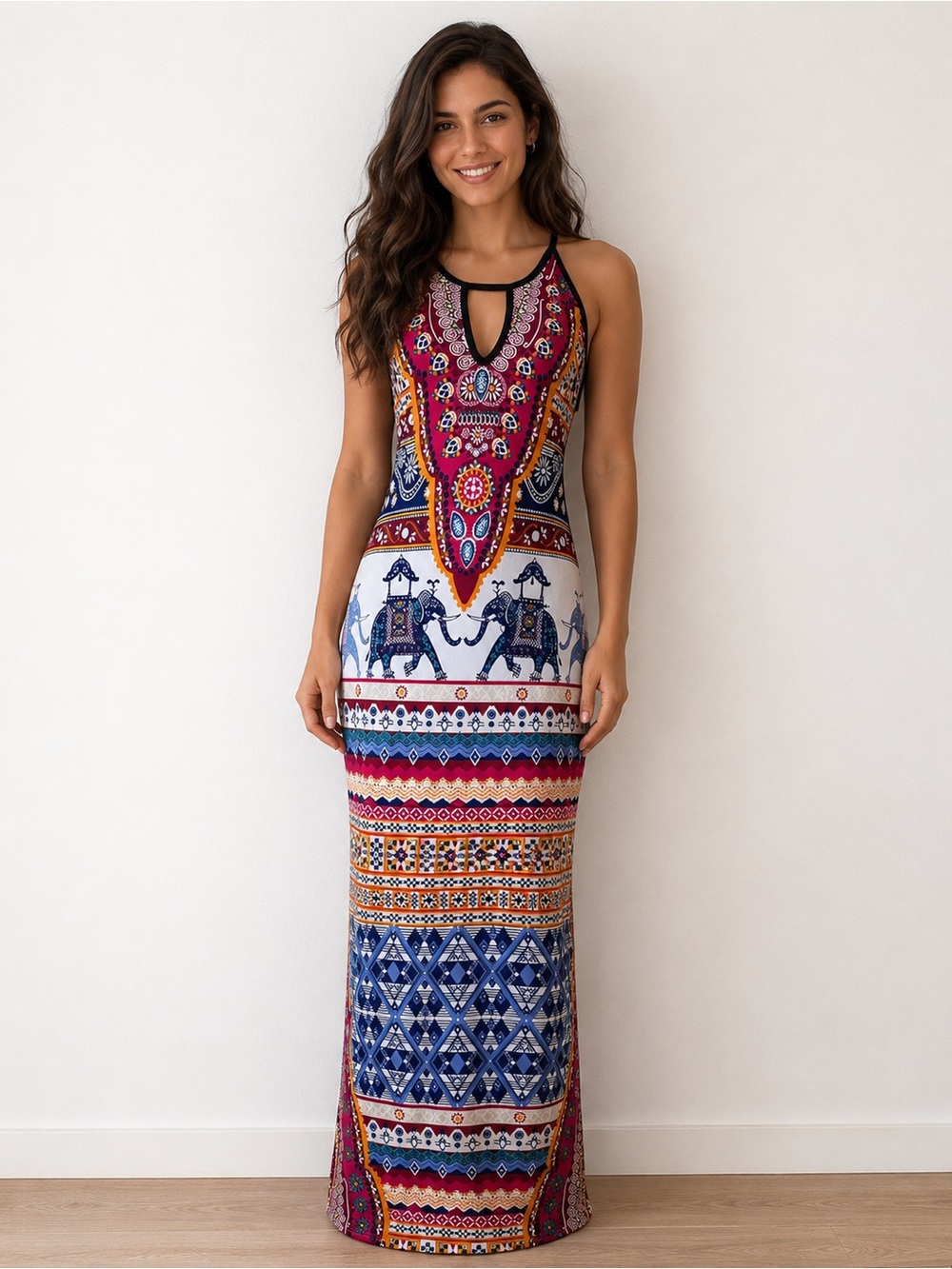 Vintage Y2K Boho Keyhole Maxi Dress Indian Aztec Inspired Print Red Blue White M